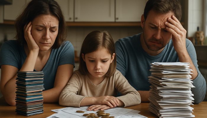 Stressed UK family overwhelmed by stacks of credit cards, bills, and coins at cluttered kitchen table.
