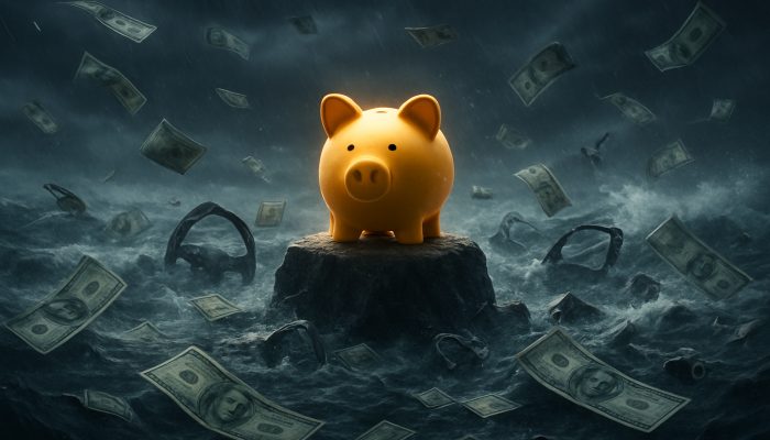 Glowing piggy bank on rock withstands stormy sea of bills and broken car parts, symbolizing emergency fund protection.