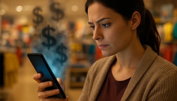 Spotting Cost Of Buy Now Pay Later Deals: Essential Guide | DCL Shopper examining Buy Now Pay Later deals on smartphone, with hidden fees as shadowy dollar signs in retail store.