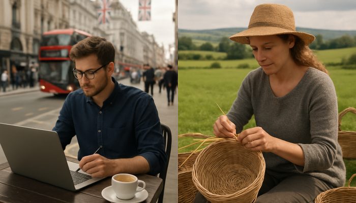 Freelancer sketching designs on laptop in London cafe, crafter weaving baskets in UK countryside.