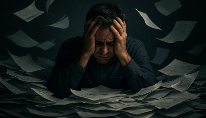 Overwhelmed person buried under unpaid bills clutching head in financial despair