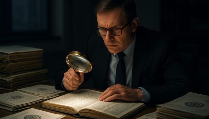 UK accountant reviewing Companies House and HMRC financial documents with magnifying glass in dim office