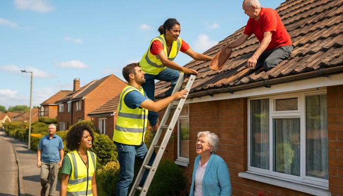 Volunteers repairing elderly neighbor's roof on sunny UK street, building community bonds and support.