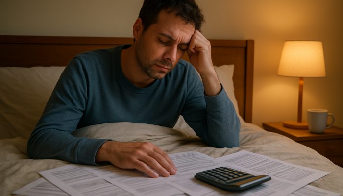 Person in bed reviewing bills and finances with calculator while recovering from illness