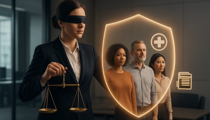 FCA regulator shielding diverse borrowers with glowing barrier and justice scales in office