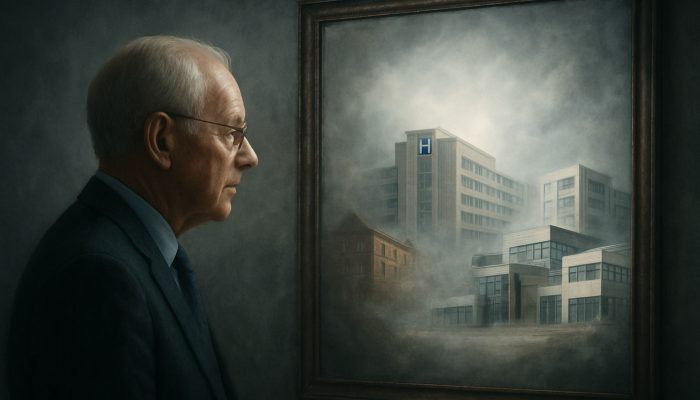 NHS leader gazes into misty mirror reflecting 2012 reforms as modern hospitals emerge