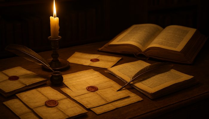 Victorian desk with wax-sealed debt ledgers, quills, and open British law books in candlelight.