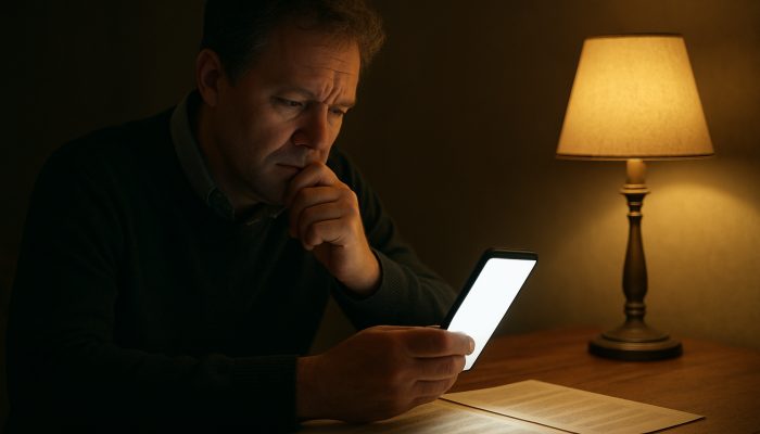 Thoughtful UK consumer comparing glowing smartphone contract with past agreements at wooden desk