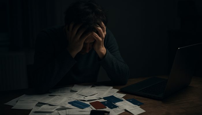 Stressed person buried under unpaid bills and credit cards in dimly lit UK flat
