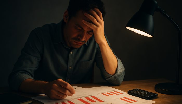 Stressed person reviewing UK bank statements with red deficits on rent and utility bills at desk