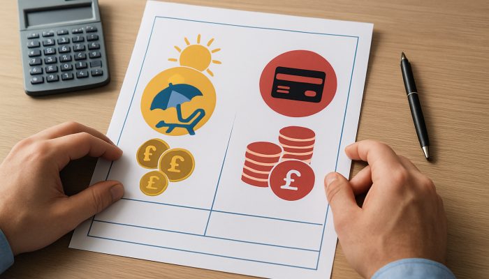 Person reviewing UK payslip showing net pay split between leisure icons and debt symbols
