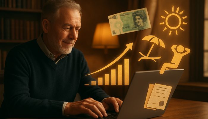 UK investor reviews glowing dividend charts on laptop amid floating pounds and cleared debt receipts