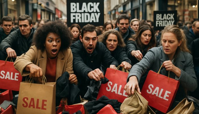 Crowded UK high street shoppers grabbing discounted goods amid Black Friday sale signs