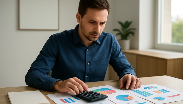 Bringing Together Debts From Multiple Banks: Key Options | DCL Focused person reviewing colorful UK loan documents and charts with calculator for debt consolidation