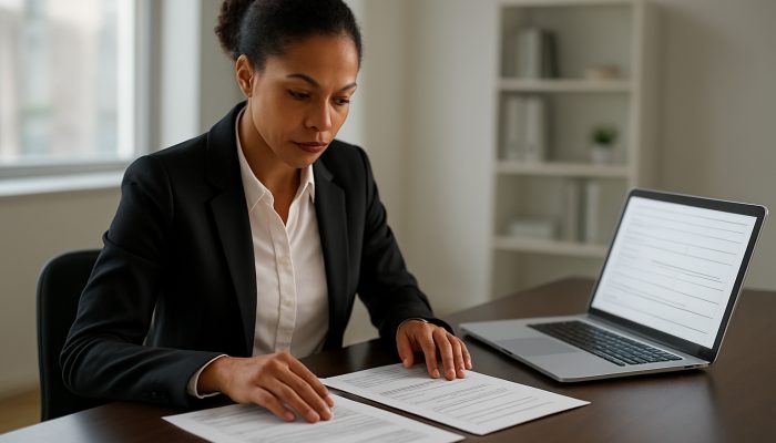 Bringing Together Debts From Multiple Banks: Key Options | DCL Professional sorting income proofs and ID documents beside laptop loan application in bright modern office