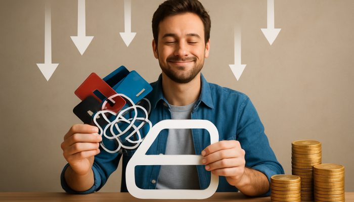 Bringing Together Debts From Multiple Banks: Key Options | DCL UK borrower merges tangled credit cards into low-rate loan with falling interest arrows and saved pounds
