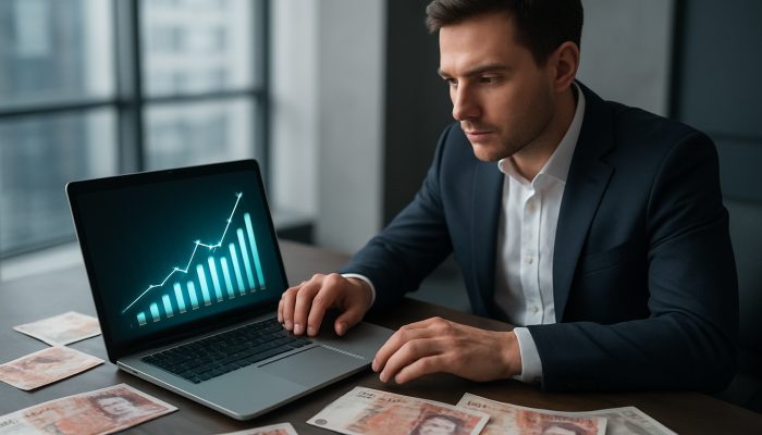 Using Cash FLOW Tools Before More Borrowing: Key Strategies | DCL UK entrepreneur analyzing cash flow charts on laptop amid pound notes in sleek London office