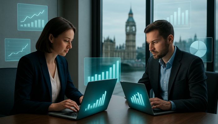 Using Cash FLOW Tools Before More Borrowing: Key Strategies | DCL British SME owners analyzing cash flow dashboards on laptops in sleek London office with UK landmarks.