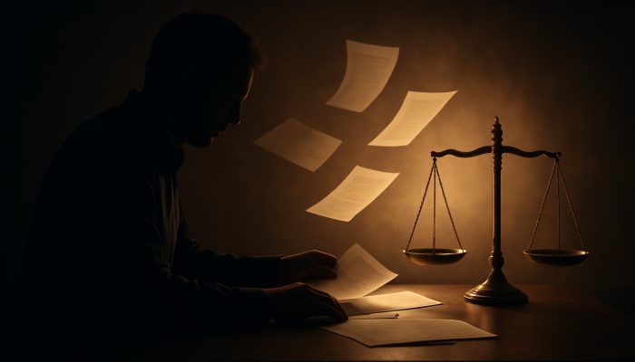 When to Keep Mortgage and Other Debts Separate | DCL Solitary figure sorting house deeds, pensions and debts beside glowing equity-liability scale.