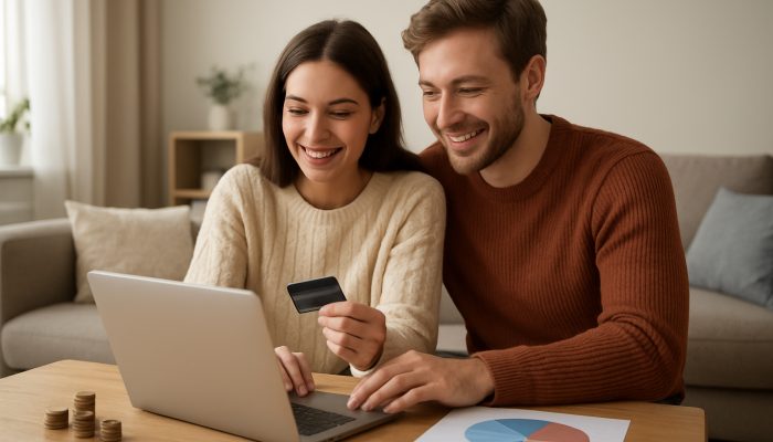 Handling Joint Accounts and Shared Cards: Key Tips | DCL Couple smiling in modern UK living room setting spending limits on shared cards via banking app on laptop