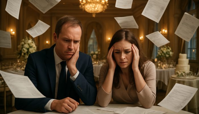 Wedding Costs That Turned Into Long Term Debt | DCL Anxious British couple overwhelmed by floating wedding invoices over £10k in lavish venue