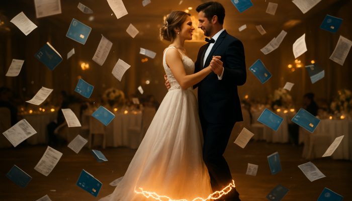 Wedding Costs That Turned Into Long Term Debt | DCL Bride and groom dance at wedding with receipts and credit cards raining amid glowing debt chains
