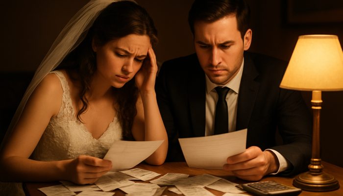 Wedding Costs That Turned Into Long Term Debt | DCL Newlywed couple reviewing scattered wedding receipts and statements at cozy table post-ceremony.