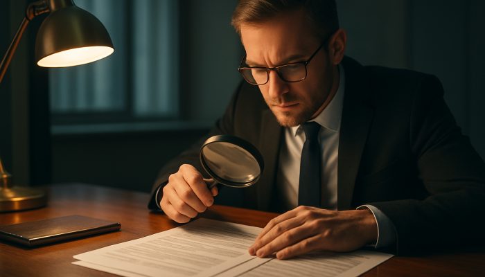 British lender reviews loan forms with magnifying glass in sleek office