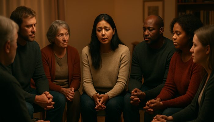 Diverse UK residents sharing heartfelt stories in a cozy community circle under warm lamplight.