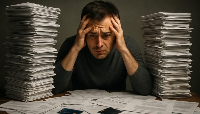 Stressed person buried under stacks of credit card bills and loan notices on cluttered table