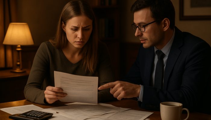 Person reviewing bills with debt adviser at cozy British office desk with tea and calculator