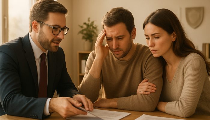 UK debt advisor guiding worried couple through papers in sunlit office