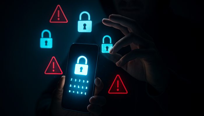 UK user shielding smartphone from caller amid glowing OTP, PIN codes and security warnings