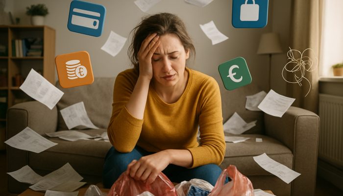 Overwhelmed shopper in cluttered UK flat surrounded by floating BNPL icons and scattered bills