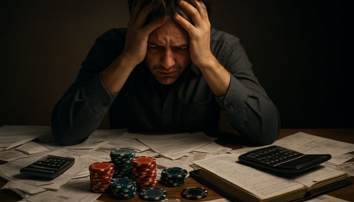Stressed person overwhelmed by gambling debts, bills, and casino chips at dimly lit desk
