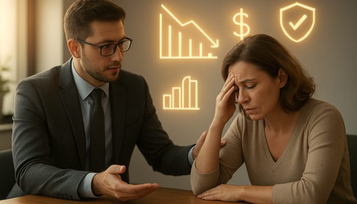 Financial advisor counseling client on debt consolidation with hopeful charts in modern office