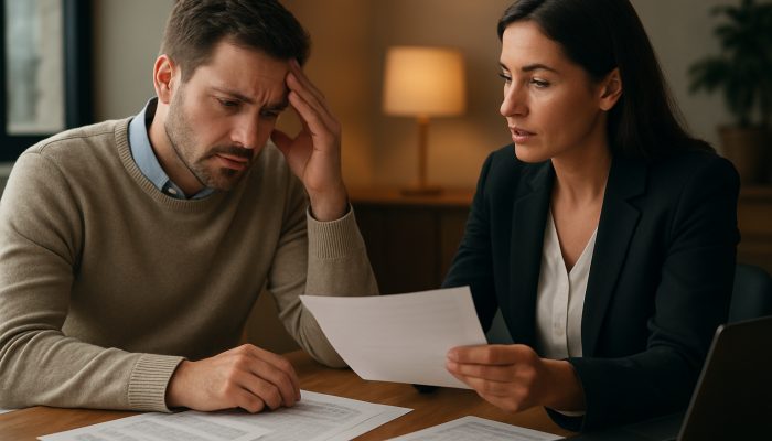 Person consulting lender on debt consolidation options while reviewing documents in sleek office