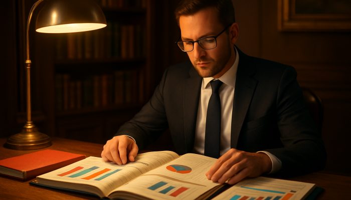 Professional reviewing debt ledgers and charts in cozy London study under warm lamplight.