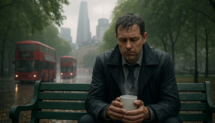 Tired London commuter with tea on rainy park bench, red buses and skyscrapers beyond