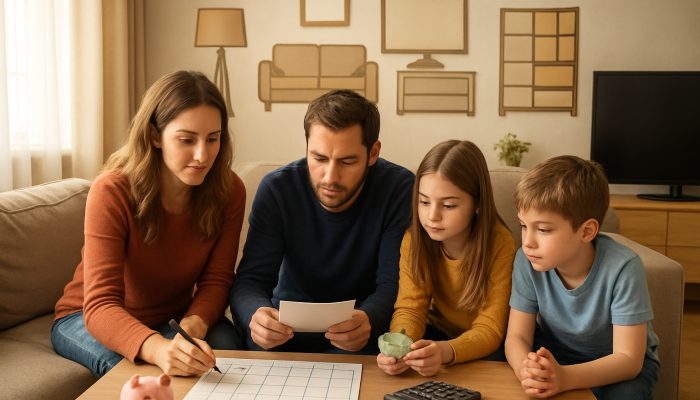 Choosing Between Payment Plan and New Loan: Essential Tips | DCL UK family reviewing monthly payment calendar for furniture and electronics in cozy living room