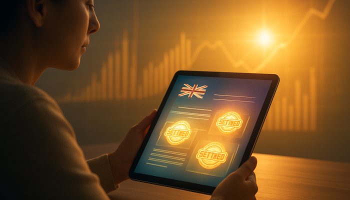 Person reviewing UK credit report with gold settled stamps, financial charts, and bright horizon for renewed credit health.