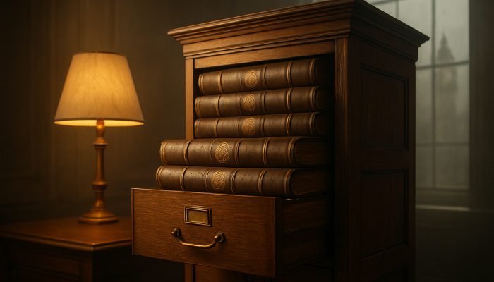 Keeping Copies of Settlement Figures: A Practical Approach | DCL Oak filing cabinet overflowing with stamped UK settlement ledgers in misty London office.