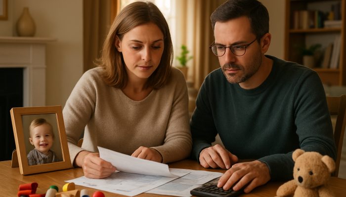 Sharing Money Talk With Your Co Parent: Practical Advice | DCL Co-parents reviewing finances at a sunlit table with child's photo in cozy UK home