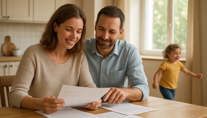Sharing Money Talk With Your Co Parent: Practical Advice | DCL Co-parents review finances at sunlit kitchen table with child playing nearby in stable home