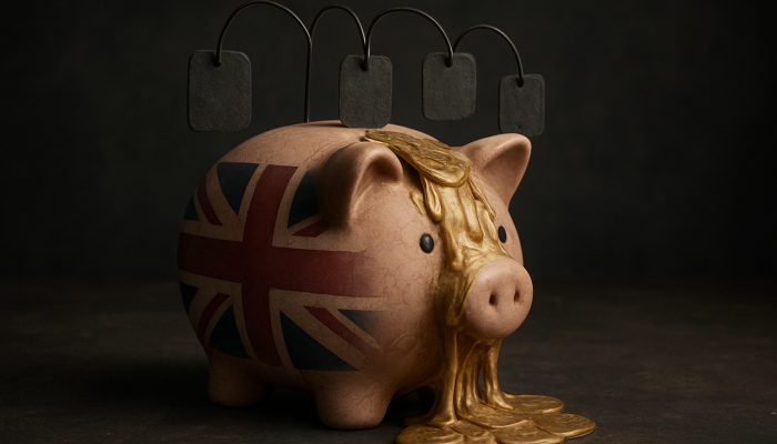 UK piggy bank with melting pound coins under fee labels, symbolizing savings erosion