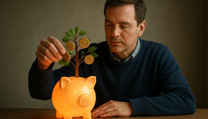 British saver deposits coins into glowing piggy bank blooming into protective money tree for emergency fund growth