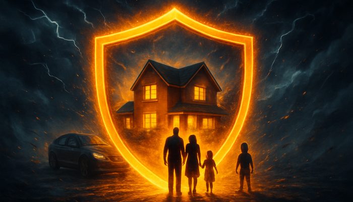 Glowing shield protecting British family home, car and loved ones from storms, symbolizing insurance.
