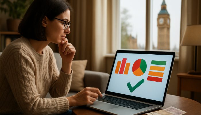 UK consumers comparing insurance quotes on laptop with Big Ben and pound symbols