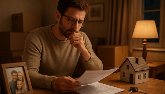 Person reviewing insurance documents at desk with car keys, house model, and relocation boxes in cozy British home