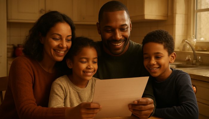 Diverse UK family relieved by open DWP benefits letter in modest kitchen